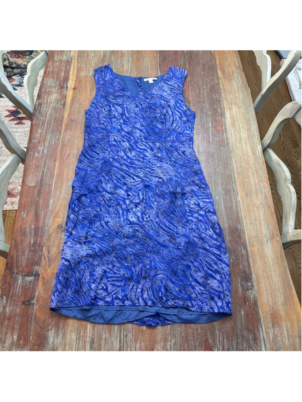 Banana Republic Size 14 Blue Abstract Zebra Linen Blend V-Neck Sheath Dress